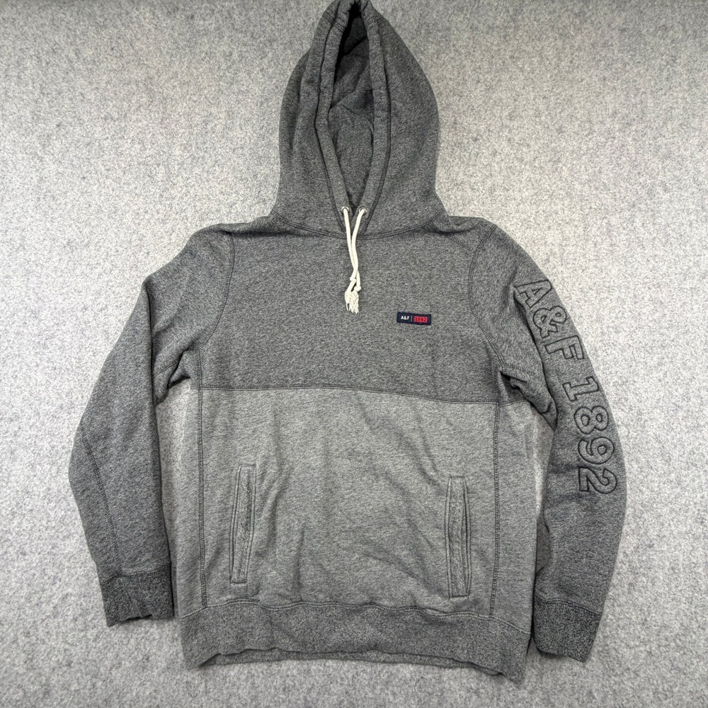 Abercrombie & Fitch Mens Gray Colorblock Fleece Hoodie A&F 1892 Sleeve Logo L